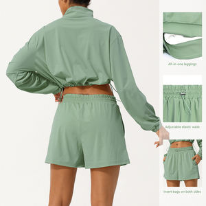 2025ジョギングウェアセットシャツショート2ピースセットクロップドトップ長袖スタンドカラーコートバイカー軽量ジャケットジム用ヨガセット - Product Image 5