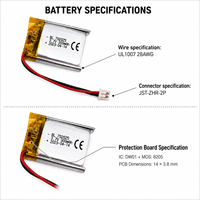 Batterie au lithium polymère rechargeable ultra-fine 702025 300mAh 3.7V avec BMS intégré UN38.3, CE, UL1642 pour l'électronique grand public