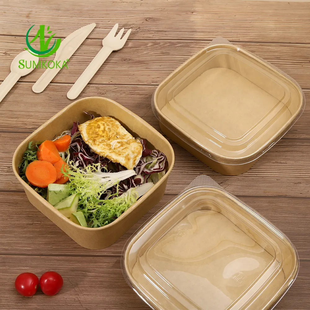 Лидер продаж, производство, квадратная коробка, биоразлагаемые одноразовые салатные миски из крафт-бумаги с крышкой для здорового питания
