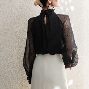 RNSHANGER blus sifon wanita polkadot, kemeja longgar Vintage kerah berdiri lengan panjang baru untuk perempuan - Product Image 2