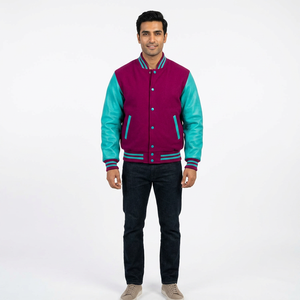แจ็คเก็ตเบสบอลแฟชั่นสไตล์ Letterman สีชมพูสด ผ้าขนสัตว์ แต่งแขนหนังแท้ แบบ Varsity - Product Image 1