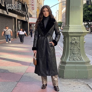 Cappotto Lungo in <span class=keywords><strong>Pelle</strong></span> Nera da Donna con Bordo in Pelliccia | Cappotto <span class=keywords><strong>Trench</strong></span> in Finta Pelliccia, Soprabito Invernale Caldo con Cintura per Streetwear e Casual - Product Image 6