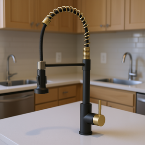 Robinet de cuisine monocommande contemporain DB, noir et or, avec douchette extractible rotative, à poser sur comptoir, en acier inoxydable - Product Image 2