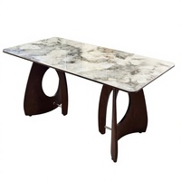 Table à manger en verre de luxe moderne, motif marbre imprimé en 3D, pieds en bois massif courbés, structure en métal, rectangulaire, pour la maison et l'hôtel
