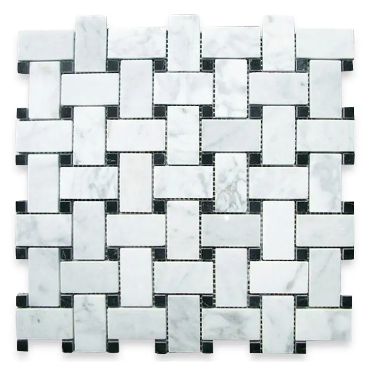 Italian carrara white marble mosaic floor mosaic wall bathroom shower tray top black spot white carrera marble basket weave tile