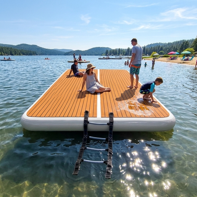 Durable PVC Inflatable Dock with Wooden Deck & Ladder, Foldable Floating Platform for Marina, Pool & Lake