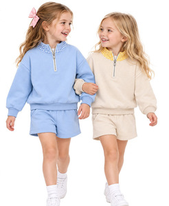 Conjunto de Sudadera de Manga Larga con Cuello a Cuadros y Pantalones Cortos para Niñas, Diseño Personalizado, Estilo Casual de Primavera - Product Image 3