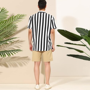 Men's ODM Custom Logo Stripe Print Breathable Stand Collar Short Sleeved Color Block Button <b>Down</b> Summer Beach Shirt 100% Cotton - Product Image 4