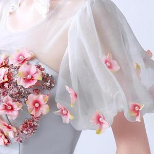 Blue Grey Tulle Ball Gown Sweetheart Neckline Floral Print Evening Dress Empire Waist Petite Slimming Party Dress - Product Image 3