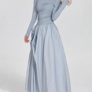 เดรสฤดูร้อนผู้หญิง สีน้ำเงิน แขนยาว ทรงเข้ารูป กระโปรงบานยาว ดีไซน์หรูหรา จับจีบ คอทรงกลม - Product Image 2