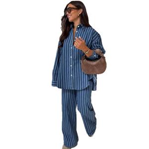 Completo da donna <span class=keywords><strong>estivo</strong></span> 2025 nuovo di tendenza casual con cardigan a risvolto, camicia a righe a maniche lunghe ed elegante e pantaloni - Product Image 5