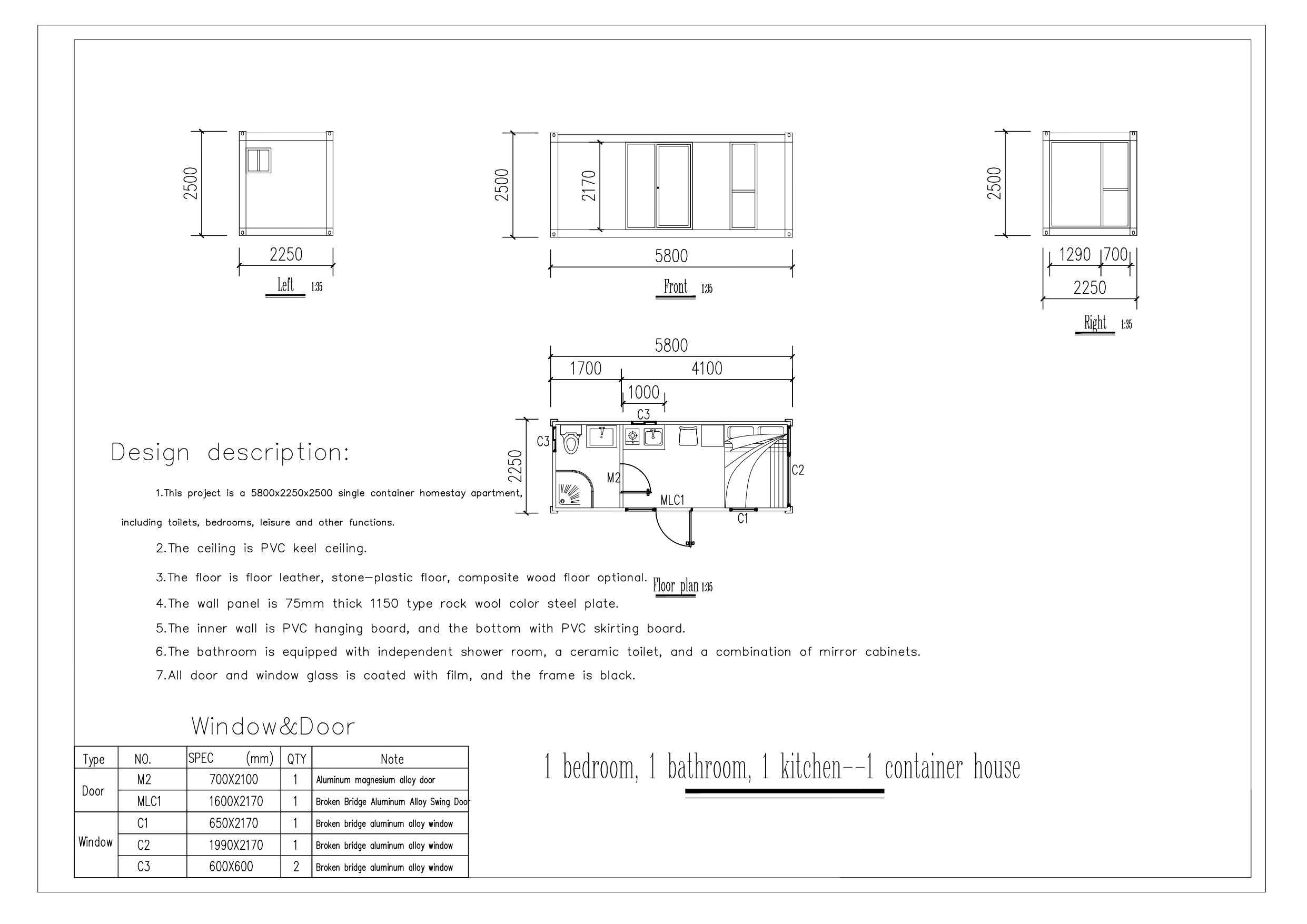 One Bedroom Prefab House for Outside Scenic Spot and Hotel