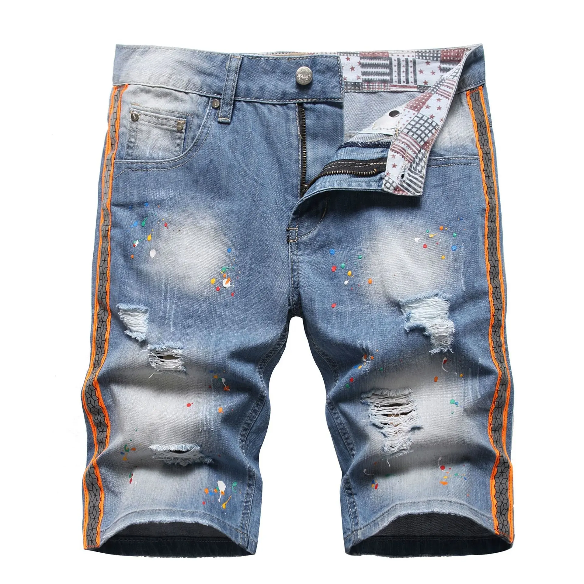 Ummer-pantalones vaqueros Hort Taly para hombre, vaqueros de marca con cremallera a rayas, con agujeros azules