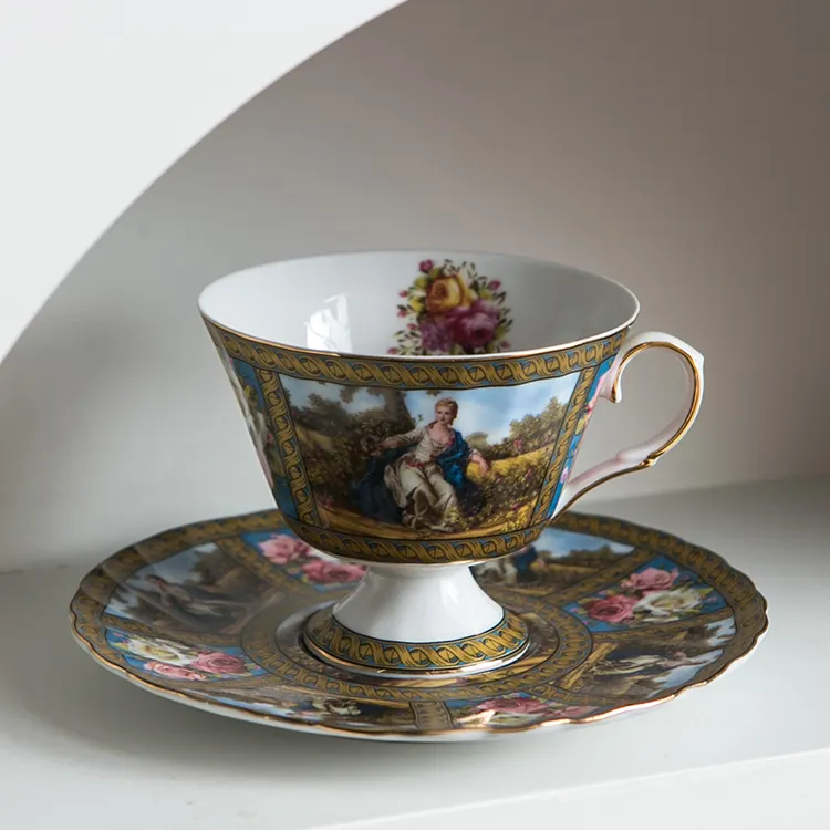 אירועים בסגנון רטרו פורצלן בעבודת יד כוס תה אחר הצהריים ערבית יוקרה קרמיקה כוסות תה וצלוחיות סט כוס קפה עם כפית