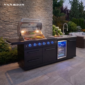 Cuisine mobile d'extérieur avec <span class=keywords><strong>plancha</strong></span> en acier, équipement de bar barbecue, îlot de cuisson portable au gaz avec évier et réfrigérateur pour jardin - Product Image 4