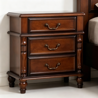 Table de chevet traditionnelle européenne de luxe moderne en bois de noyer foncé, 3 tiroirs, pieds tournés antiques, durable, multifonctionnelle pour chambre à coucher