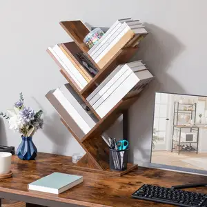 Wholesale Rustic Brown 3/4/5 Tier Wood Tree Shaped Bookshelf Tree Branch Bookcase Wooden Free Standing Book Tree Shelf Book Case