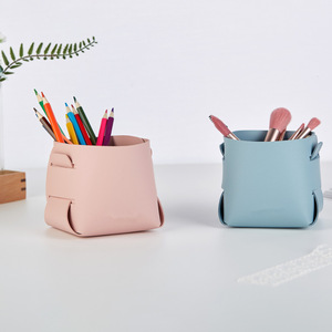 Round leather pen <b>holder</b>/<b>makeup</b> brush <b>holder</b>, Nordic style desktop vase/container, logo printable. - Product Image 2