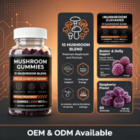 Gomitas con Mezcla de 10 Hongos, 2500mg, Suplemento para Mejorar la Concentración, la Memoria, la Claridad Mental, Reforzar la Inmunidad y Aumentar la Energía Natural, Sabor Frambuesa