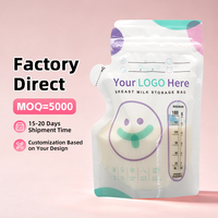 Kantong Penyimpanan ASI Bebas BPA dengan Logo Custom 6oz 180ml, Kantong Berdiri dengan Ritsleting Ganda, Anti Bocor, Aman untuk Freezer, Pabrik OEM
