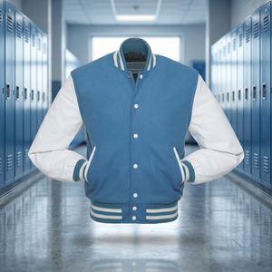 <b>Men's</b> Blue <b>White</b> Varsity <b>Jacket</b> Preppy Style Regular Fit Turn-down Collar Button Closure wool Shell Autumn Wear - Product Image 1