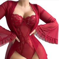 Combinaison élégante à manches cloche en dentelle, vêtements de nuit pour femmes, taille plus, ensemble de pyjama en maille, pyjama sexy européen et américain