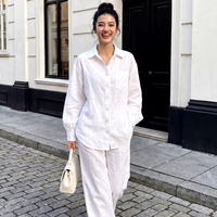 Ensemble deux pièces pour femmes en mélange coton-rayonne, chemise à manches longues boutonnée et pantalon large, bleu marine uni, ensemble décontracté pour femmes, vente en gros