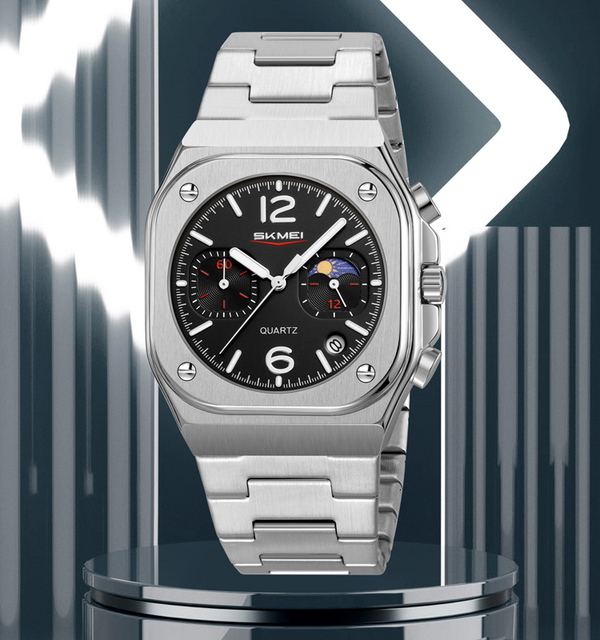 Men's Fashion Quartz Watch World Time Moon Phase Custom Logo Square Dial Stainless Steel Waterproof-Chinese Factory Wholesale