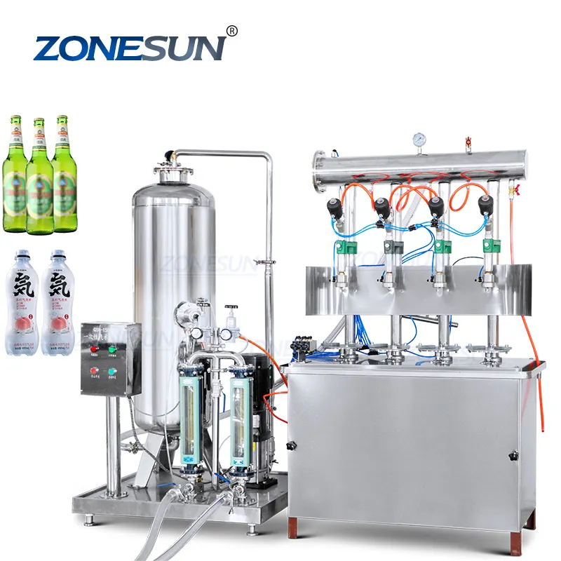 ZONESUN ZS-CF4 Полуавтоматическая 4 головки соды газированная вода CO2 конвеерная машина для розлива газированных напиток может бутылка разливочная машина