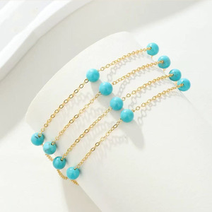 Elegante Collar de Cuentas de Disco Turquesa, Chapado en Oro de 18K, Cadena de Eslabones de Plata S925, Patrón Geométrico de Corte Esmeralda, Estilo Clásico - Product Image 3
