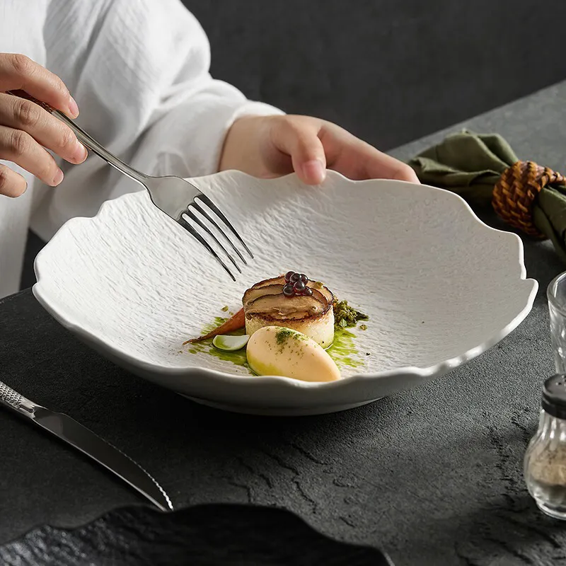 Cuencos profundos de cerámica de estilo japonés irregulares en blanco y negro, ensaladera de fruta de cerámica grande para servir comida