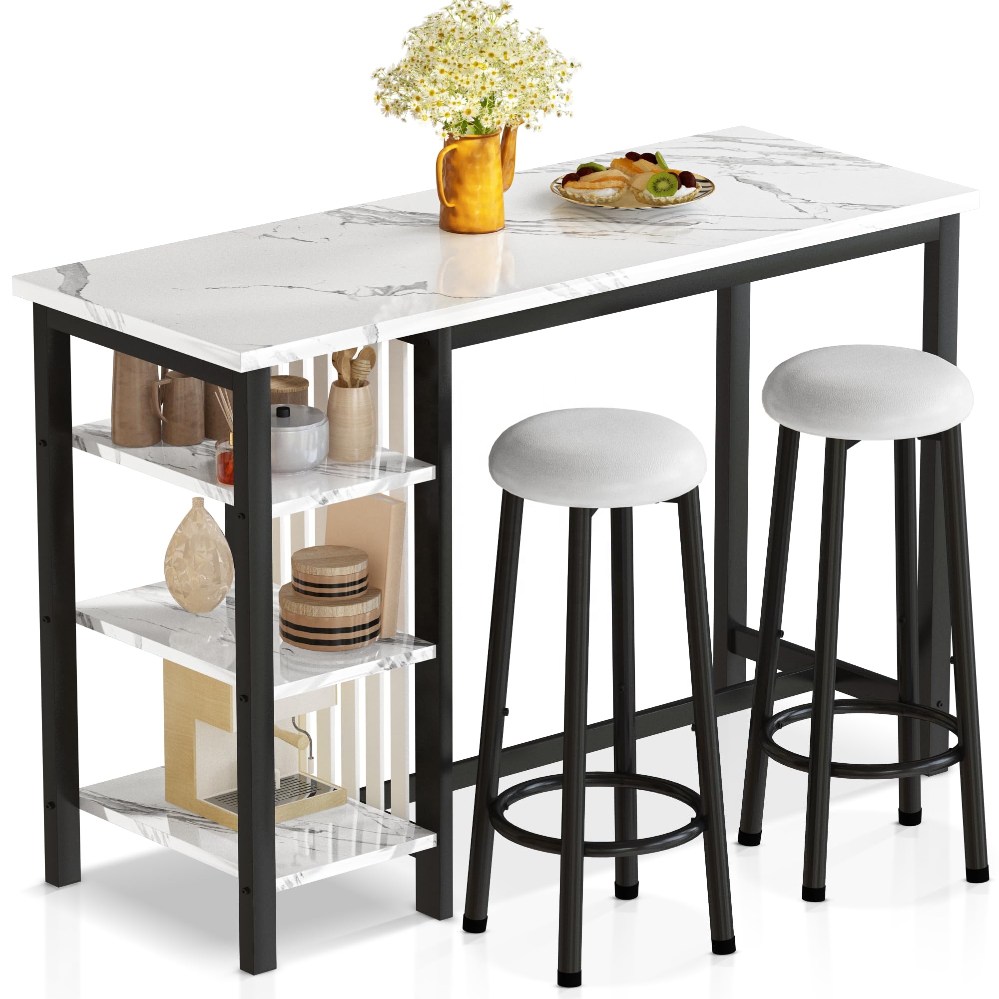 Ensemble de table de bar en marbre blanc moderne avec rangement à 3 niveaux avec tabourets ronds en cuir Ensemble de table à manger de luxe avec cadre doré