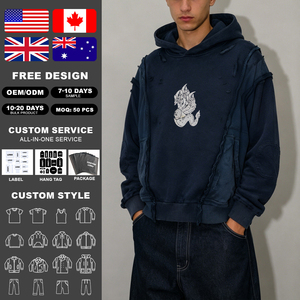 Sweat-shirt à capuche personnalisé pour homme, style patchwork vieilli, imprimé graphique, streetwear, vintage, délavé, coupe oversize, décontracté - Product Image 2