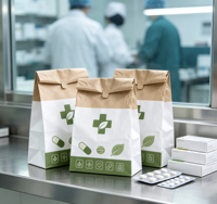Sacs en papier kraft recyclé pour ordonnances médicales avec logo personnalisé imprimé, fermeture à languette, pour pharmacie