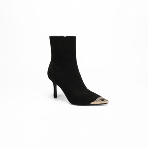 Bottines à talon aiguille en daim à bout pointu pour femme, avec embout métallique sculpté, style rétro automne/hiver, avec garniture métallique et élastique à la cheville - Product Image 5