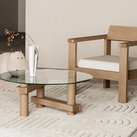 Table basse ronde minimaliste en verre avec base en bois massif pour petit appartement, salon, gain de place, mobilier de maison