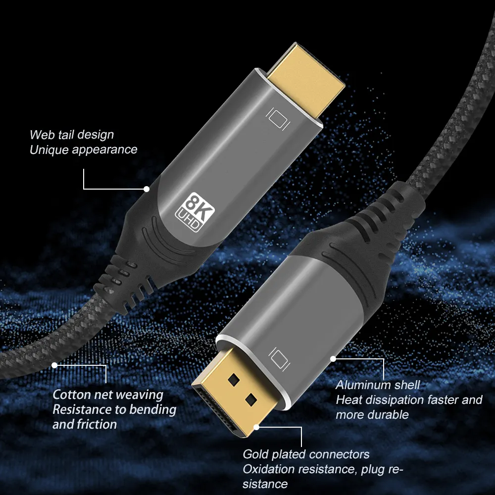 DP to HDMI 8k cable Nylon Braided Displayport DP Cable To HDMI 2.1 8K 30Hz 4K 60Hz Cable 1M 2M 3M