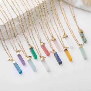 Gold Plated 925 sterling silver leaf charm healing crytal bar pendant birthstone jewelry necklace wholesale