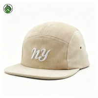 Casquette 5 panneaux en velours côtelé beige, broderie NY blanche, visière plate, ajustable, style streetwear, personnalisable, haute qualité, vente en gros OEM