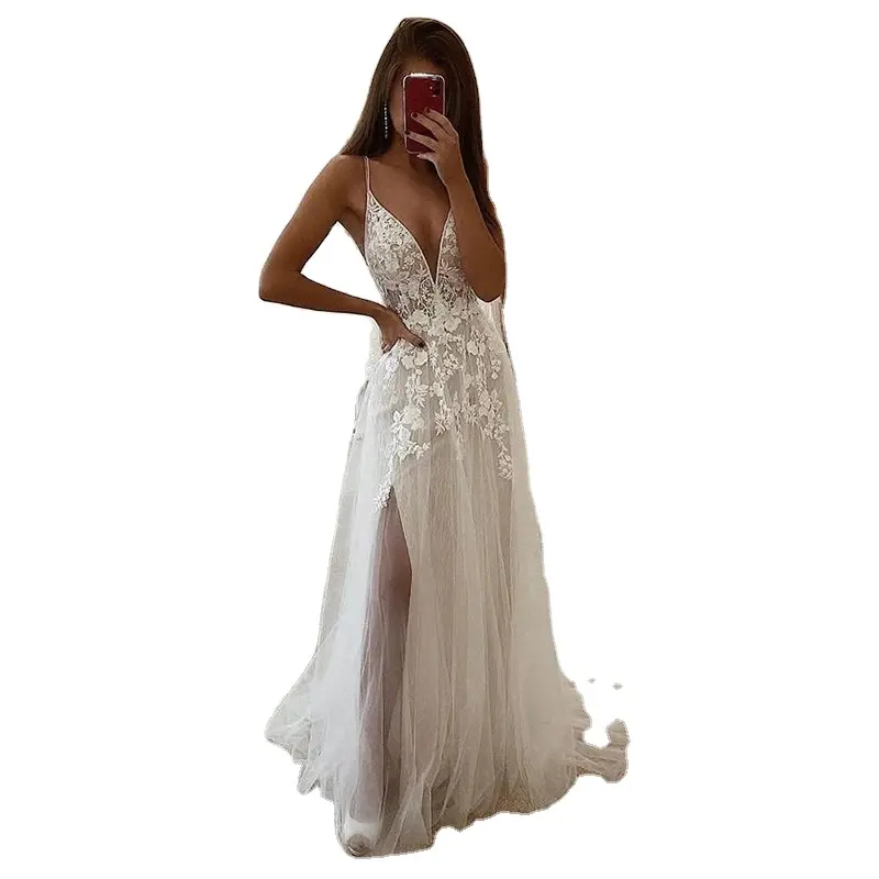 Boho Wedding Dress A Line Lace Spaghetti Strap Bride Dress Side Split Long Beach Wedding Gown For Women