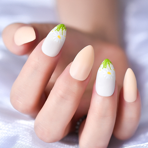 Faux ongles à presser, motif fleurs, forme amande moyenne, en acrylique mat, couleur <span class=keywords><strong>blanc</strong></span> nude pour femmes, lot de 24 pièces, collection automne - Product Image 3