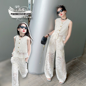 Abbigliamento estivo da ragazza Set di bottoni senza maniche in pizzo cavo Beige moda estiva Set in due pezzi per ragazze dai 7 ai 15 anni - Product Image 2