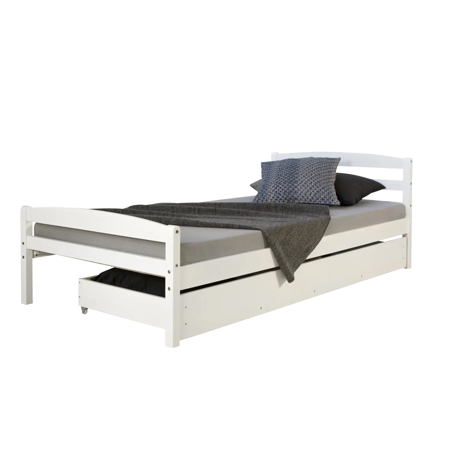 Tempat tidur kayu padat JSH-036 kayu pinus putih tempat tidur tunggal dengan laci MDF