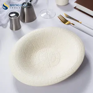 Shengjing Hot Beige Reverse Rim Ceramic Oval Plate Odd Shape Hats Plate Restaurant Rock Pattern Porcelain Deep Plates