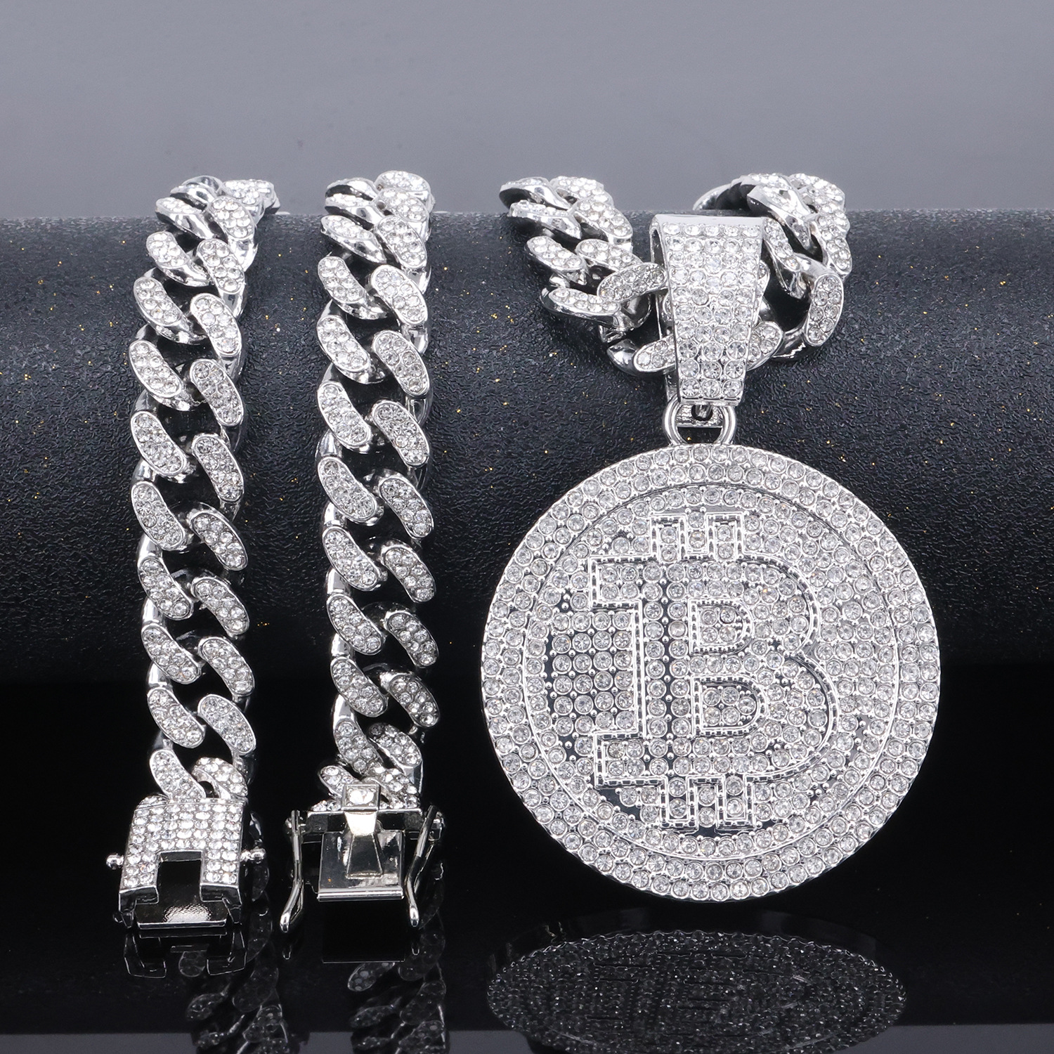 Silver pendant + round chain 50cm (full diamond buckle)