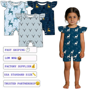 رومبير قصير للأطفال من الخيزران بأكمام مكشكشة ونقش غزلان كرتوني، بيجامة صيفية للرضع، ملابس للأطفال حديثي الولادة والأولاد والبنات - Product Image 1