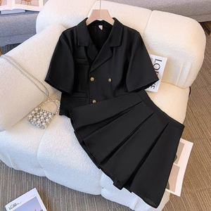 Set di due pezzi alla moda coreana per taglie forti da donna estivo con colletto Casual irregolare gonna a pieghe abito a tinta unita - Product Image 5