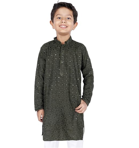 Ensemble Kurta en Rayonne pour Garçons avec Broderie Décorative à Paillettes, Vêtements Traditionnels Indiens pour Enfants, Tenue de Fête - Product Image 1
