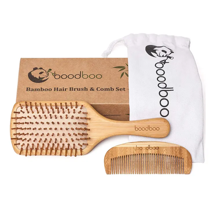 Amazon BPA Free Custom Logo Eco Friendly Organic Bamboo Comb And Hair Brush With Cloth Bag Box
