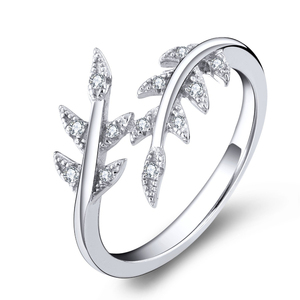 Anillo Clásico para Dama YILUN OEM ODM con Hoja, Diamantes CZ, Baño <span class=keywords><strong>de</strong></span> Rodio, Plata S925 Original, Anillo Abierto, Venta al Por Mayor - Product Image 1
